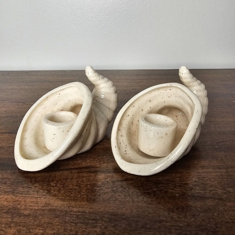 Vintage Pair of Small Speckled Ceramic Cornucopia Candle Holders - Coastal Beach